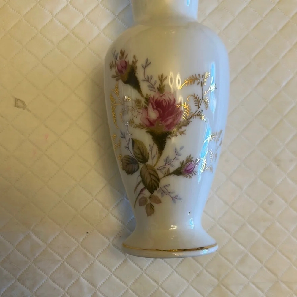 VTG Pale Blue Porcelain Mini Vase with Cherry Blossom Accents Extra Small